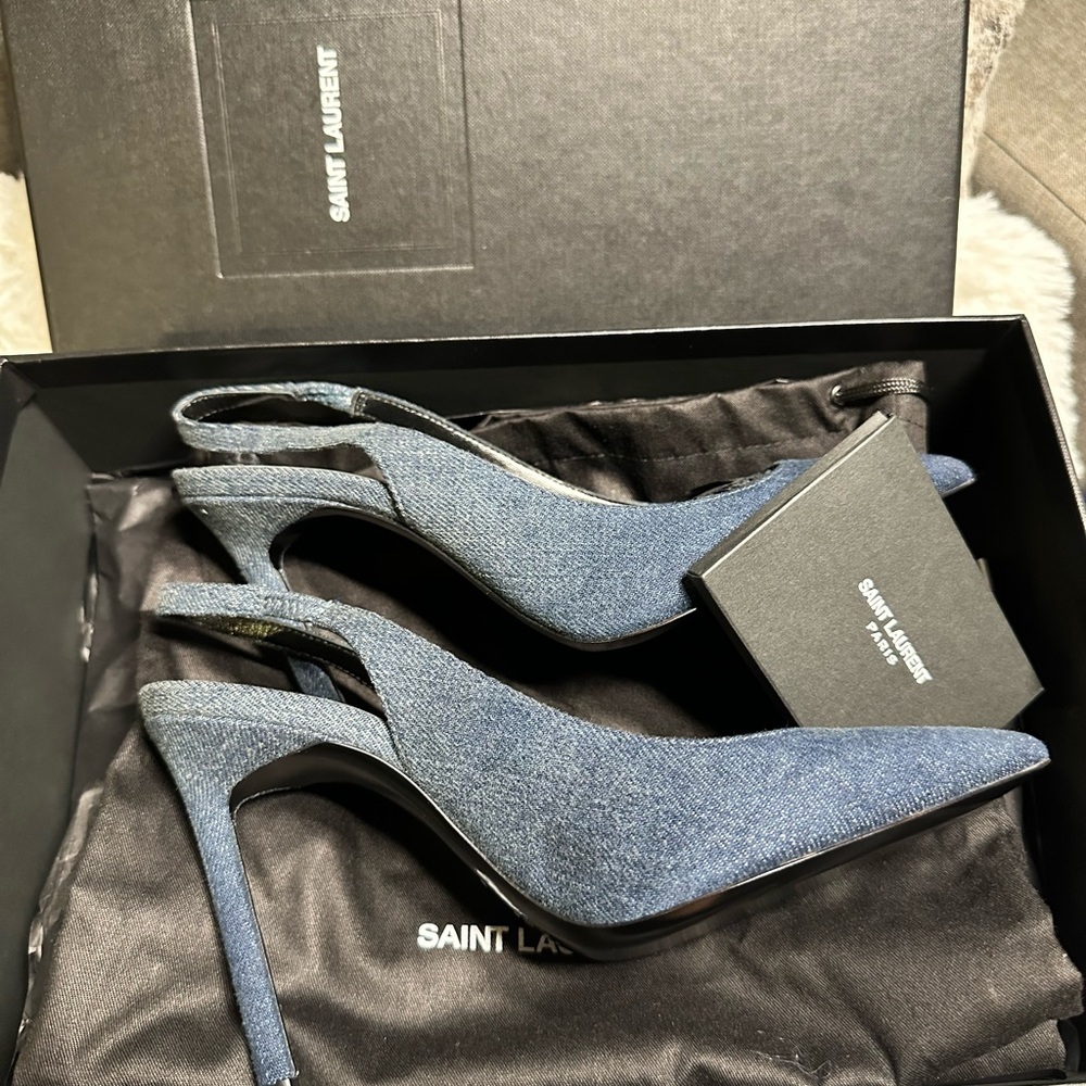 Saint Laurent Women's Anja 85 Denim Slingback Pumps in Blue - Picture 5 of 5